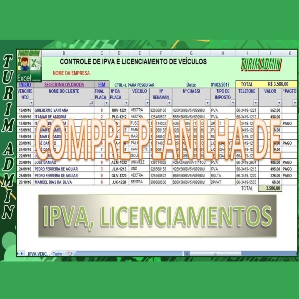 PLANILHA DE CONTROLE DE IPVA E LICENCIAMENTOS DE VEÍCULOS R$ 50,00
