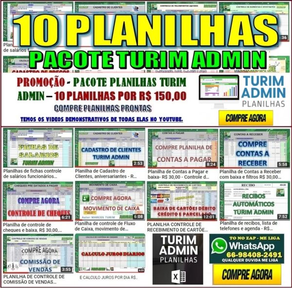 PACOTE 10 PLANILHAS TURIM ADMIN PROMOÇÃO R$ 150,00
