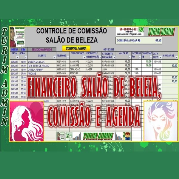 PLANILHA CONTROLE DE SALÃO DE BELEZA - Serviços, forma pagamentos, comissão e agenda R$ 80,00