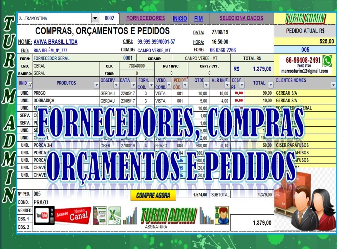 PLANILHA CADASTRO DE FORNECEDORES, COMPRAS, ORÇAMENTOS OU PEDIDOS R$ 100,00