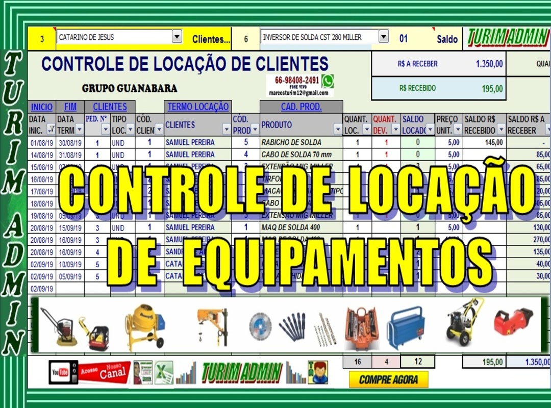 PLANILHA CONTROLE DE LOCAÇÃO DE CLIENTES, PRODUTOS, FINANCEIRO, TERMO E ESTOQUE R$ 120,00