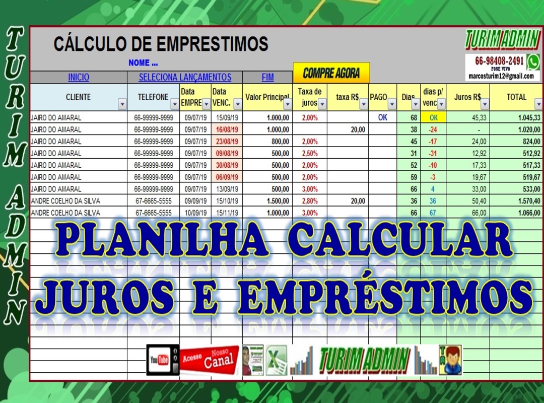 PLANILHA DE CONTROLE DE EMPRÉSTIMOS, CÁLCULO DE JUROS E RECEBIMENTOS R$ 50,00