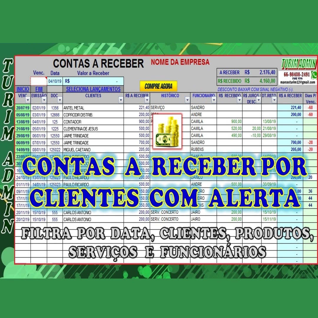 PLANILHA CONTAS A RECEBER DE CLIENTES COM ALERTA DE DIA, FILTRA SERVIÇOS, FUNCIONÁRIOS R$ 60,00