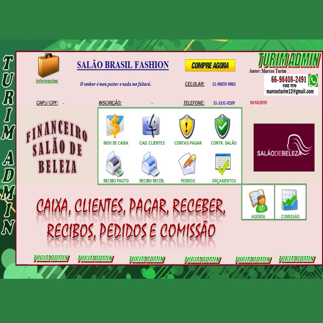 FINANCEIRO SALÃO DE BELEZA, CLIENTES, A PAGAR, A RECEBER, RECIBOS, COMISSÃO  E AGENDA R$ 170,00