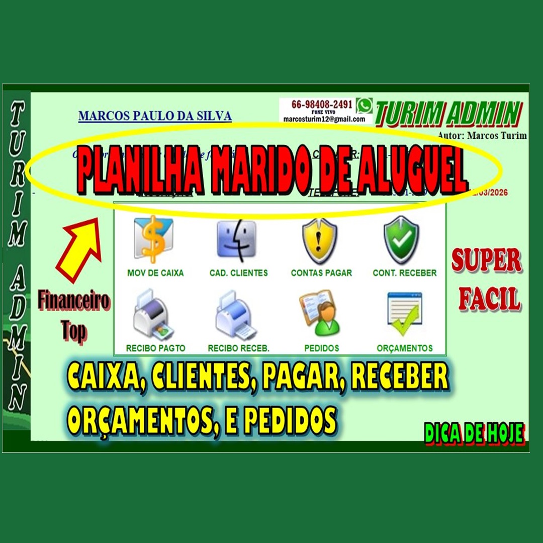 PLANILHA PARA MARIDO DE ALUGUEL, CAIXA, CLIENTES PAGAR RECEBER RECIBOS PEDIDOS 140,00