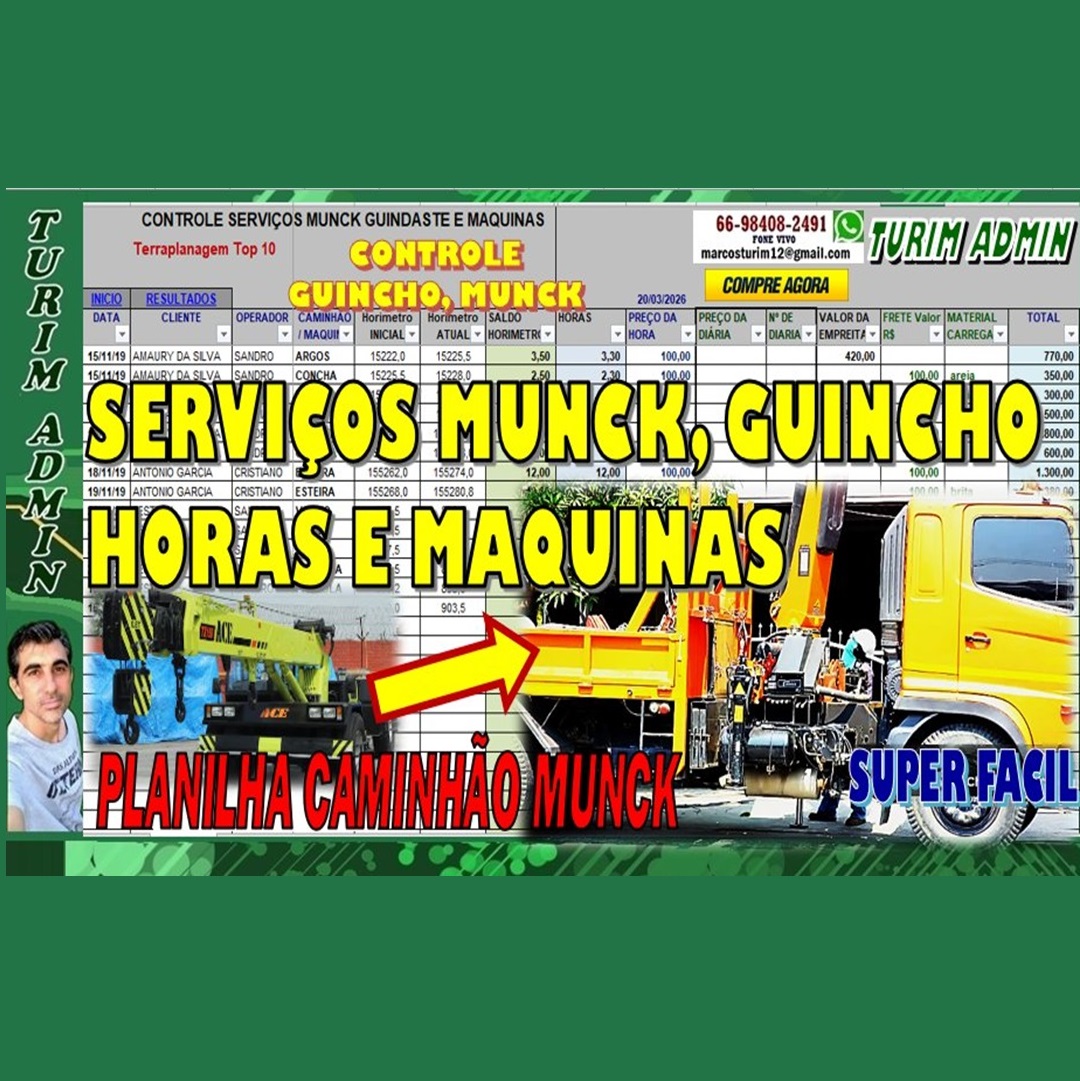 PLANILHA CONTROLE DE SERVIÇOS DE MUNCK HORAS GUINDASTE, diárias, empreita, despesas, fretes lucro e recebimentos R$ 95,00