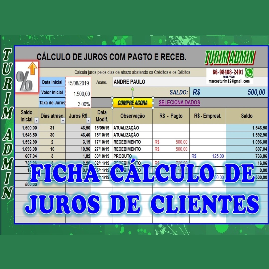 PLANILHA CALCULO JUROS DE FICHAS CLIENTES COM EMPRESTIMOS, PAGAMENTOS E RECEBIMENTO R$ 30,00