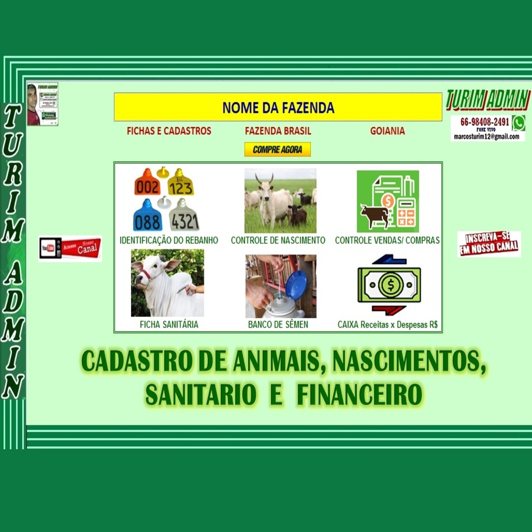 PLANILHA CONTROLE DE ANIMAIS, CADASTROS NASCIMENTOS, CAIXA, COMPRAS, VENDAS E FICHA SANITÁRIA R$ 120,00
