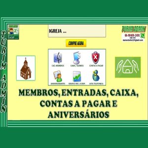  PLANILHA PARA IGREJAS, CONTROLE FINANCEIRO DE CAIXA, MEMBROS, DÍZIMOS, CONTAS A PAGAR, R$ 75,00