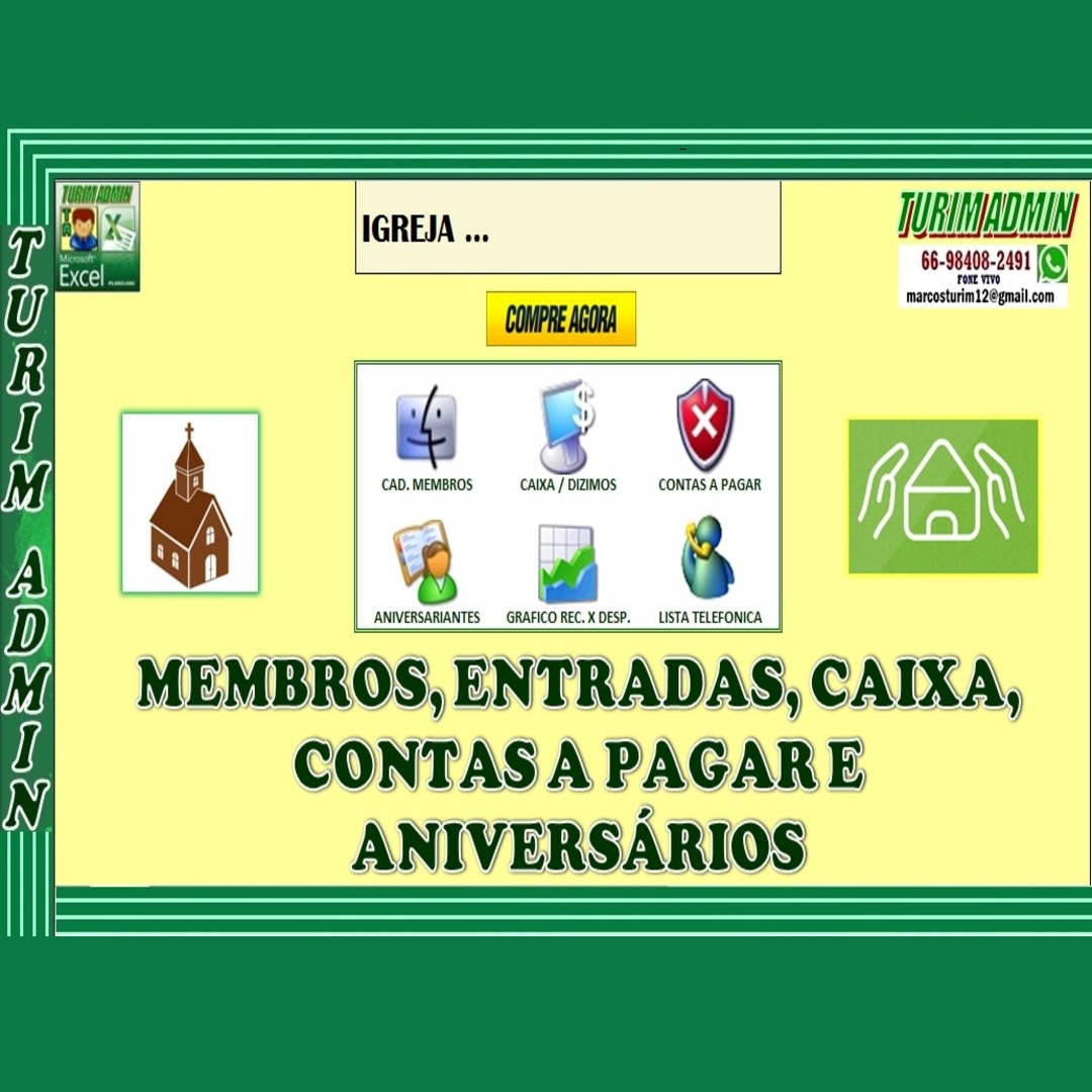  PLANILHA PARA IGREJAS, CONTROLE FINANCEIRO DE CAIXA, MEMBROS, DÍZIMOS, CONTAS A PAGAR, R$ 75,00