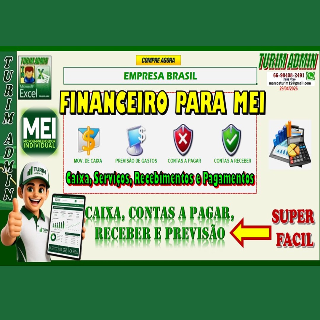 PLANILHA MEI 2026, FINANCEIRO, CAIXA, CONTAS A PAGAR, SERVIÇOS, RECEBIMENTOS E PREVISÃO R$ 87,00