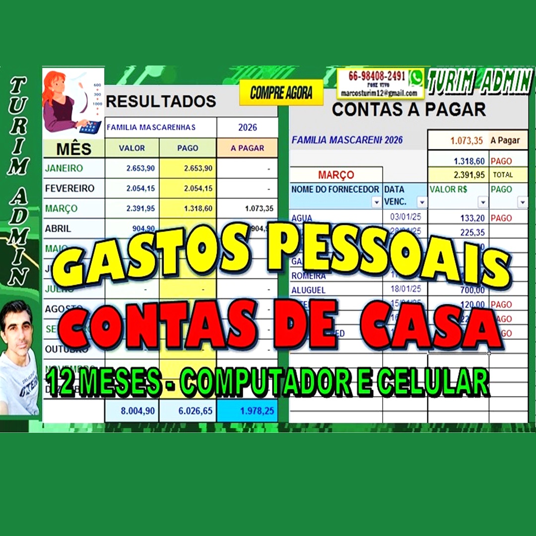 PLANILHA DE GASTOS PESSOAIS 12 FICHAS MES A MES RESULTADOS CONTAS A PAGAR FAMILIAR DE CASA R$ 30,00