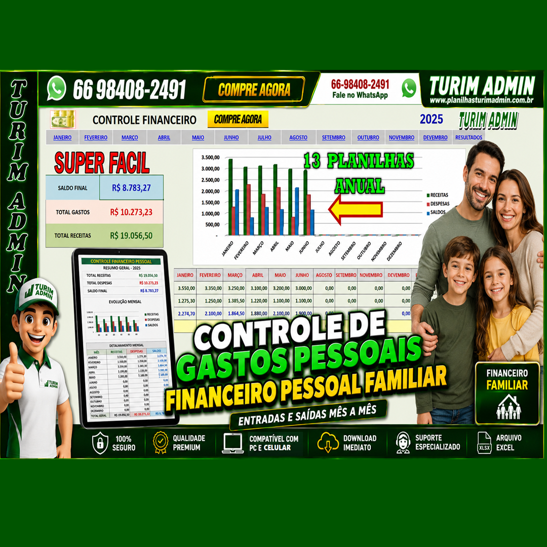 PLANILHA DE GASTOS PESSOAIS FINANCEIRO 12 MESES CONTAS PAGAR RECEBER E GRAFICOS R$ 49,00