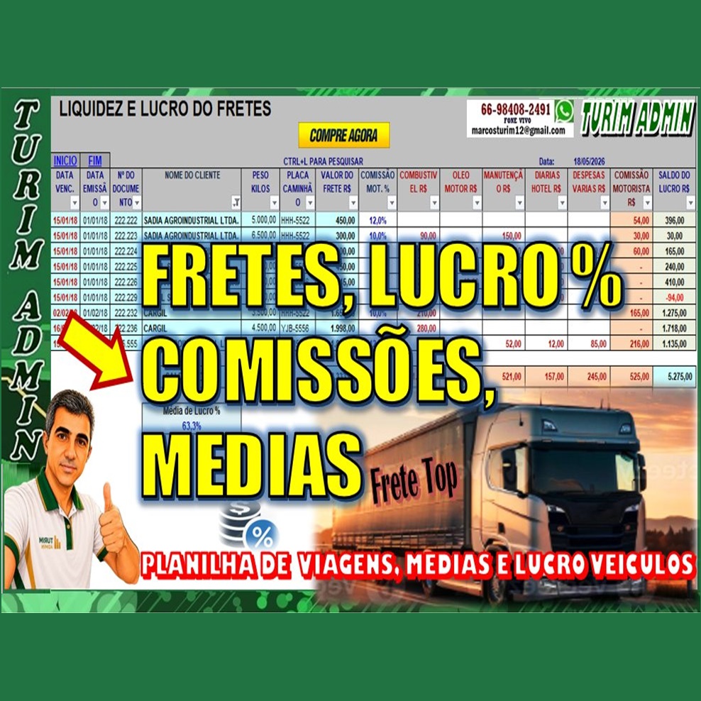PLANILHA FRETES, MEDIAS, LUCRO CAMINHÃO E COMISSÃO PORCENTAGEM POR MOTORISTA E DESPESAS R$ 60,00 ok