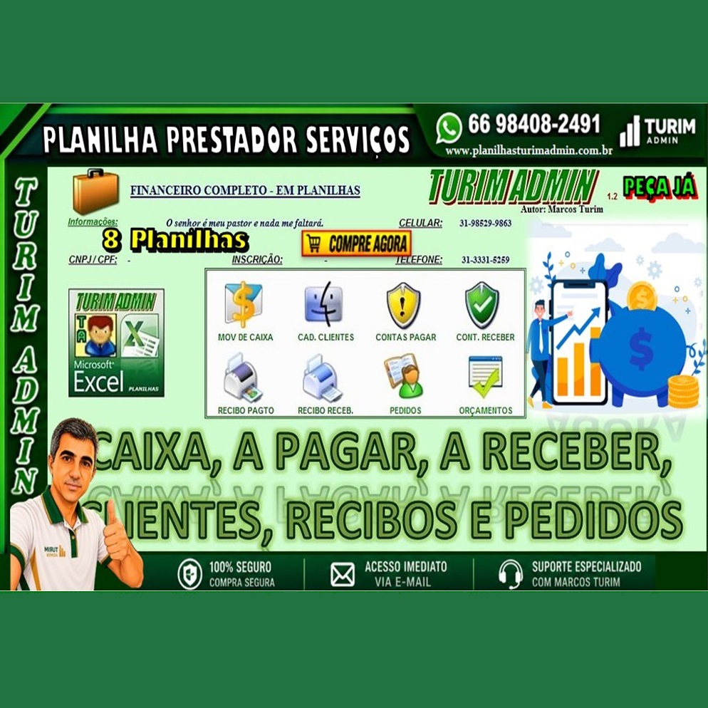 PLANILHA FINANCEIRO PRESTAÇÃO DE SERVIÇOS, MEI, CLIENTES, CAIXA, RECIBOS E ORÇAMENTOS 140,00