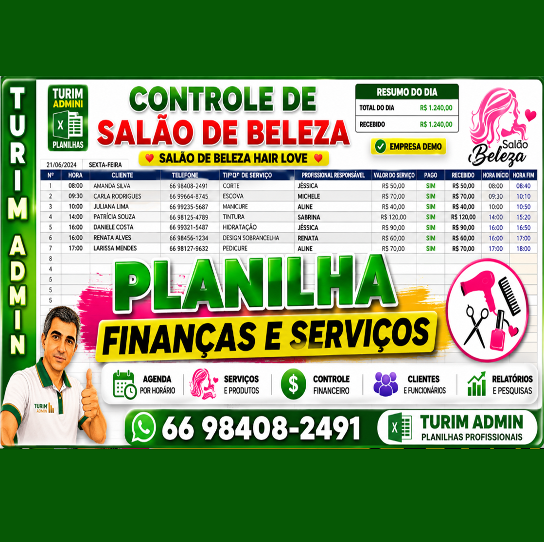 PLANILHA SALÃO DE BELEZA SERVIÇOS FINANCEIROS, FINANÇAS, CARTÕES E COMISSÕES R$ 60,00 - 2026