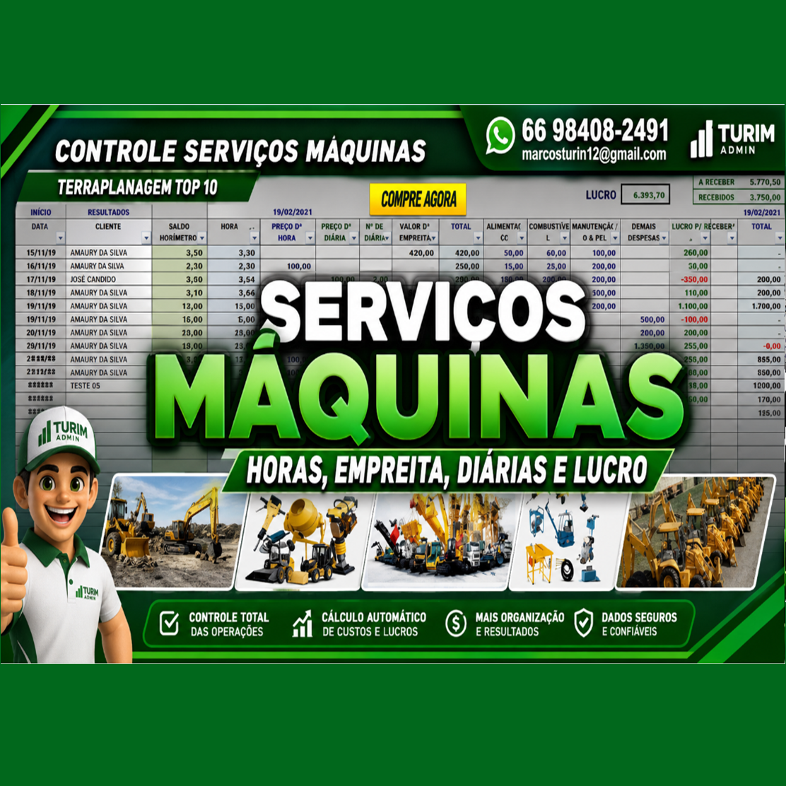 PLANILHA TERRAPLANAGEM, SERVIÇOS DE MAQUINAS, horas, diárias operadores, locação, despesas e Lucro R$ 90,00- 2026