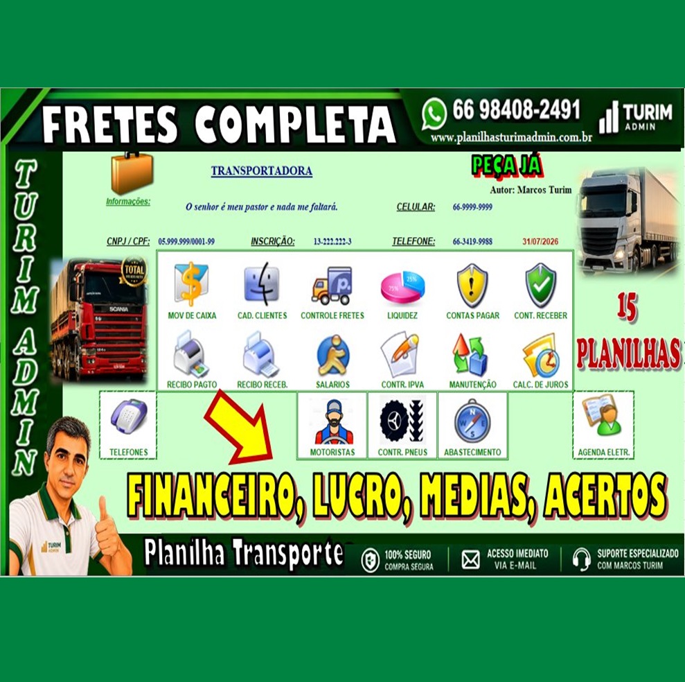 PLANILHA DE FRETES MAIS COMPLETA 15 PLANILHAS, VIAGENS MEDIAS, COMISSÃO ACERTOS FINANCEIRO 280,00
