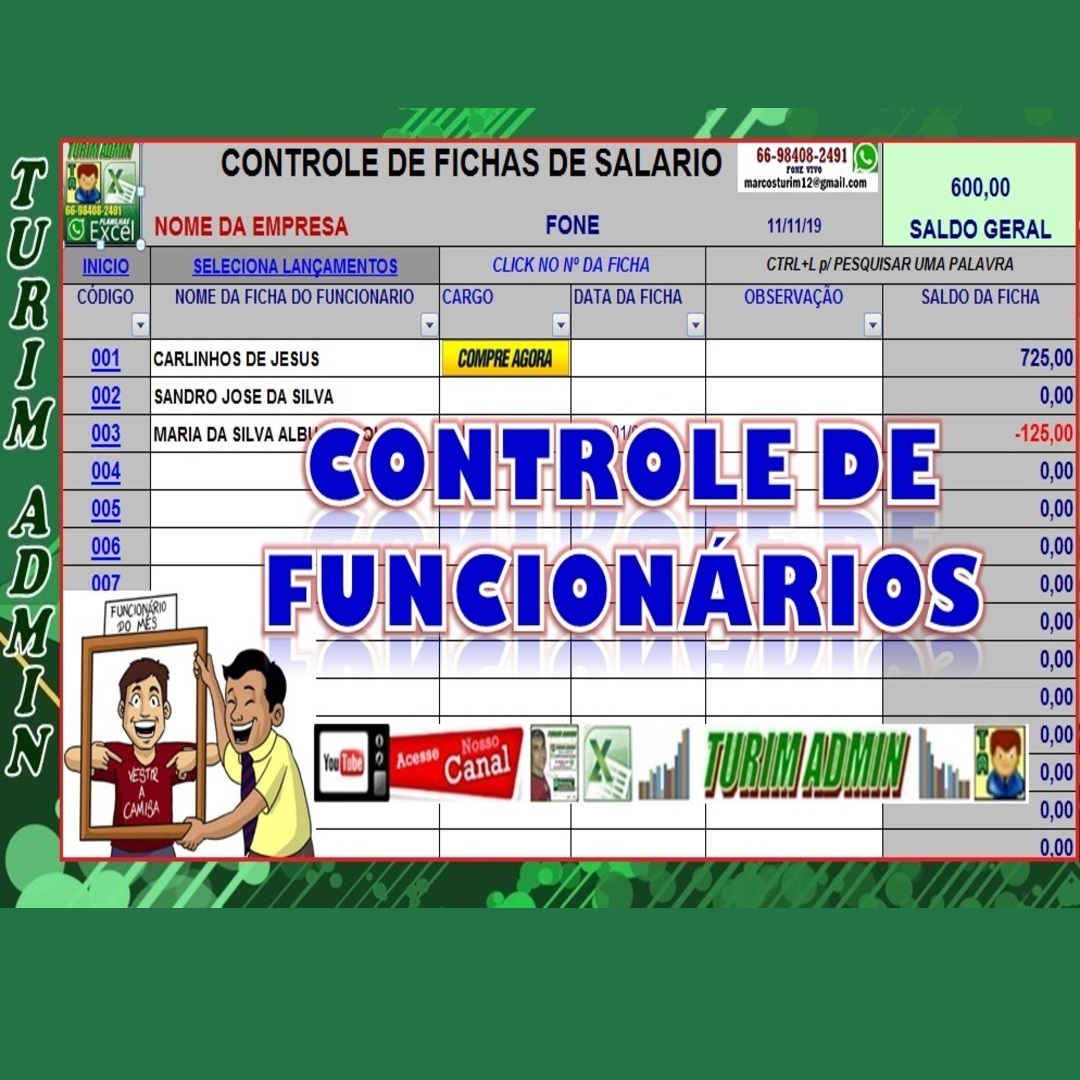 PLANILHA DE SALÁRIOS FUNCIONÁRIOS HISTÓRICOS COM 50 FICHAS CONTROLE DE ACERTOS R$ 80,00